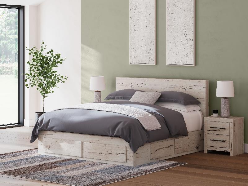 Image of Lawroy - King Panel Bed With Storage Footboard And 2 Under Bed Storage Units - Light Natural