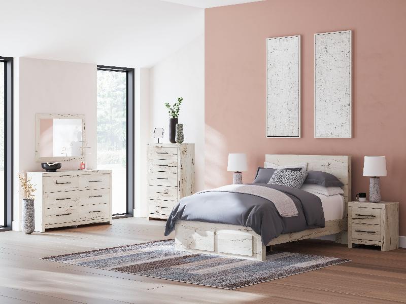 Image of Lawroy - 7 Pc. - Dresser, Mirror, Chest, Full Panel Bed With Storage Footboard - Light Natural