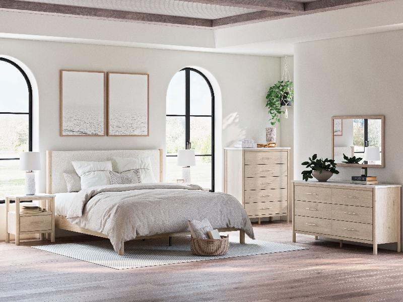 Image of Cadmori - 8 Pc. - Dresser, Mirror, Chest, King Upholstered Panel Bed, 2 Nightstands - Two-tone
