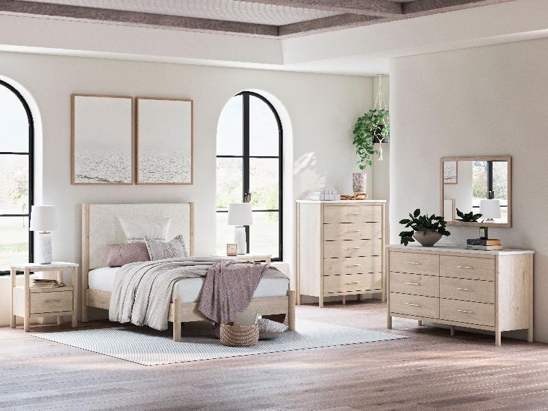 Image of Cadmori - 6 Pc. - Dresser, Mirror, Chest, Full Upholstered Panel Bed - Two-tone