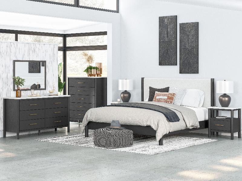 Image of Cadmori - 5 Pc. - Dresser, Mirror, King Upholstered Panel Bed - Black / White