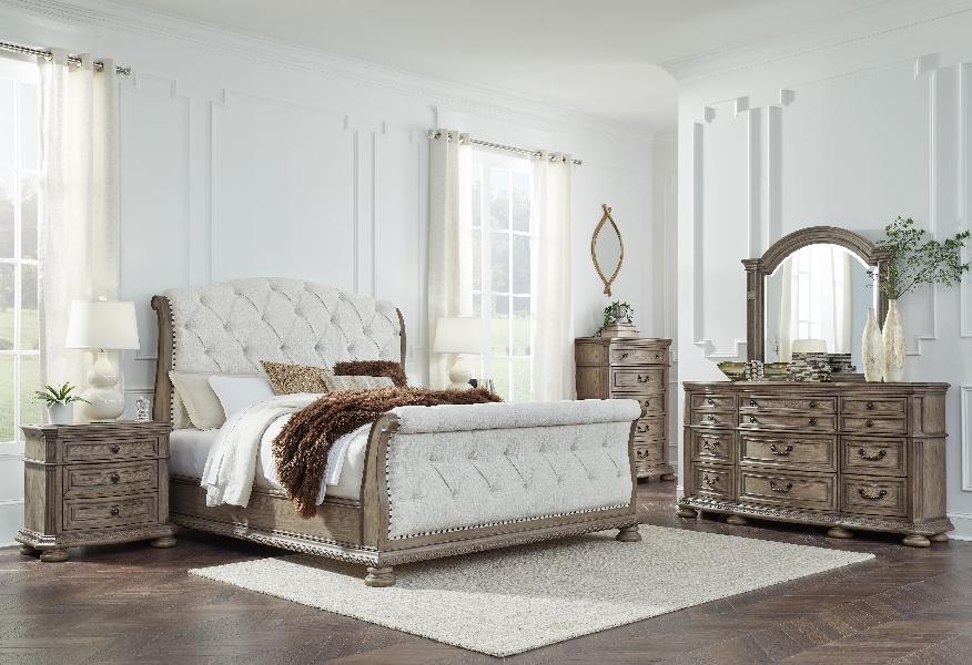 Image of Ardenfield - 6 Pc. - Dresser, Mirror, Chest, King Upholstered Sleigh Bed - Light Brown