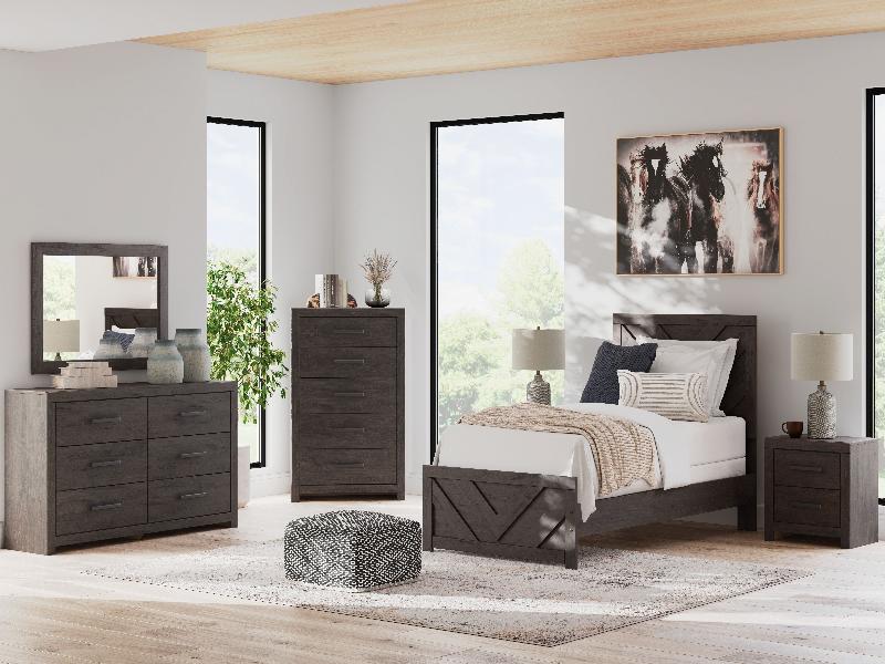 Image of Prendonea - 7 Pc. - Dresser, Mirror, Chest, Twin Panel Bed, 2 Nightstands - Charcoal