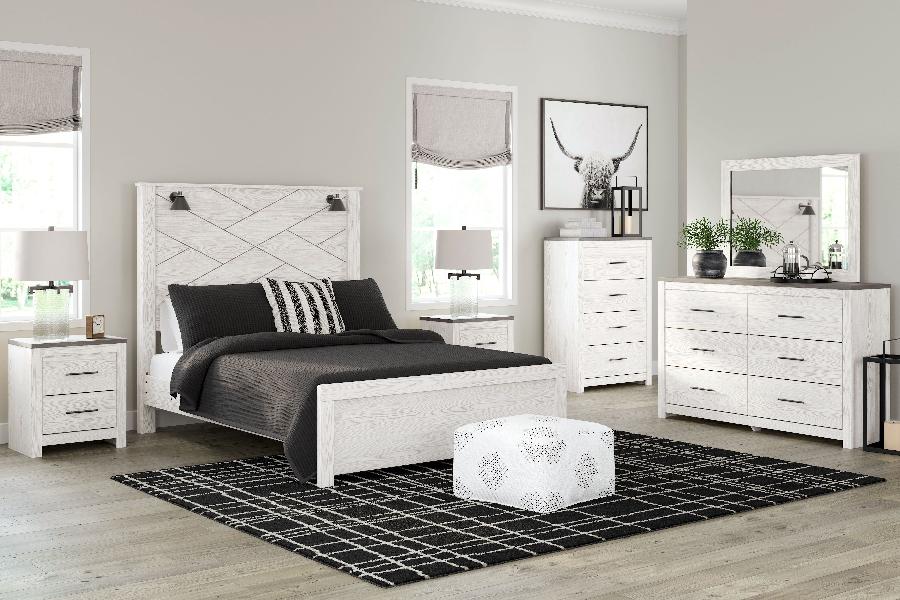 Image of Gerridan - 8 Pc. - Dresser, Mirror, Chest, Queen Panel Bed with Sconces, 2 Nightstands - White