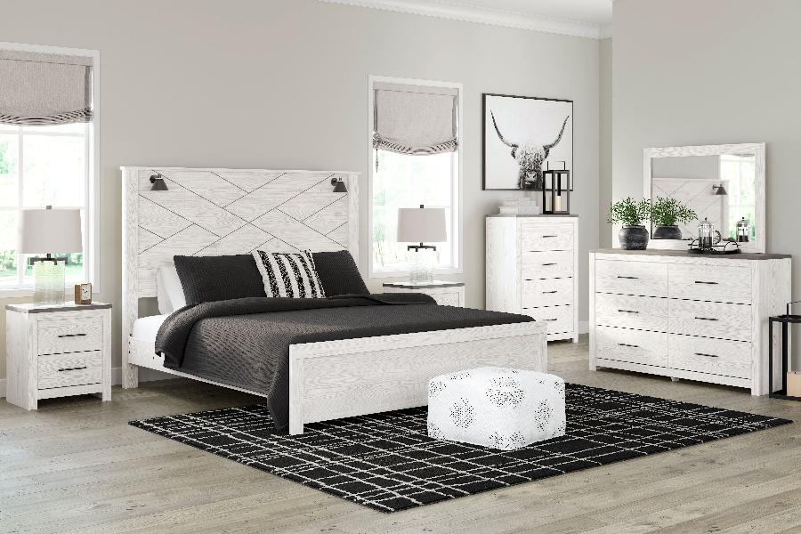 Image of Gerridan - 7 Pc. - Dresser, Mirror, King Panel Bed with Sconces, 2 Nightstands - White
