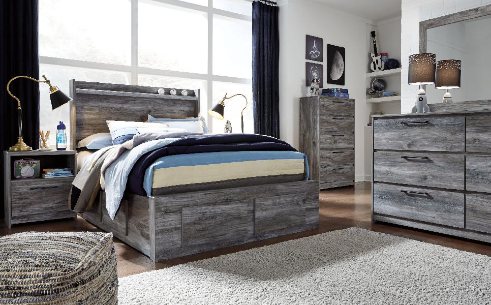 Baystorm - Full Panel Bed With 4 Storage Drawers - 8 Pc. - Dresser, Mirror, Chest, Full Bed - Gray
