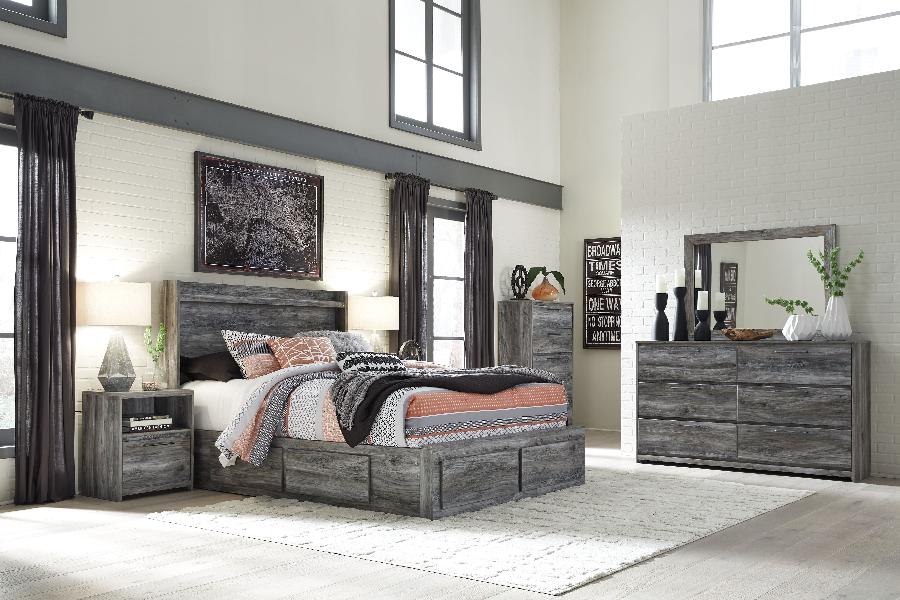 Baystorm - King Panel Bed With 4 Storage Drawers - 8 Pc. - Dresser, Mirror, Chest, King Bed - Gray