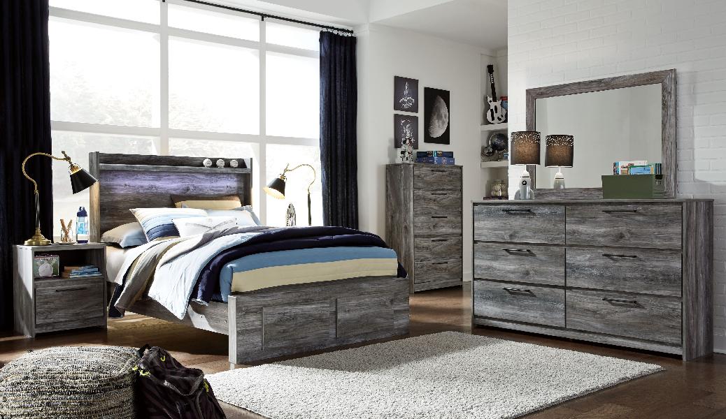 Baystorm - Full Panel Bed With 2 Storage Drawers - 6 Pc. - Dresser, Mirror, Full Bed - Gray