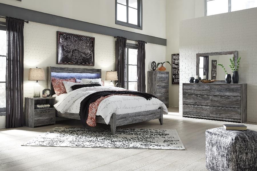 Image of Baystorm - 6 Pc. - Dresser, Mirror, King Panel Bed, 2 Nightstands - Gray