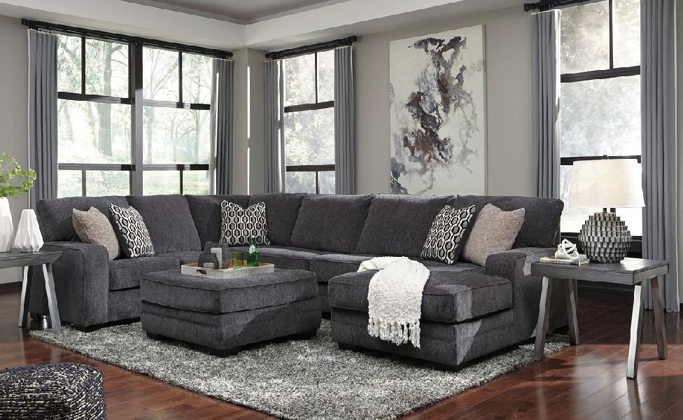 Image of Tracling - 4 Pc. - Right Arm Facing Corner Chaise 3 Pc Sectional, Ottoman - Slate