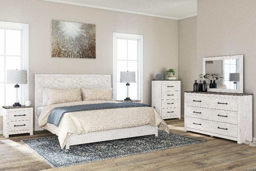 Image of Gerridan - 5 Pc. - Dresser, Mirror, Chest, King Panel Bed - White / Gray
