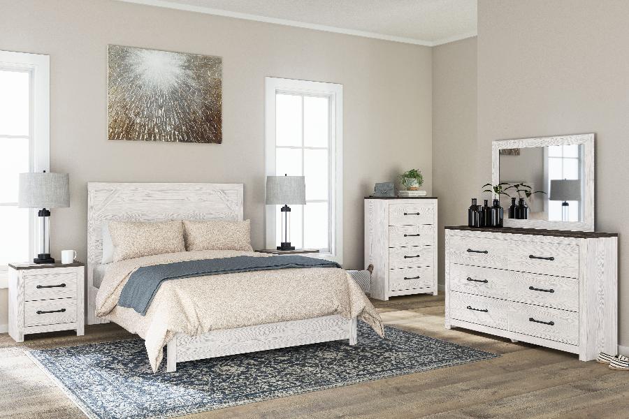 Image of Gerridan - 6 Pc. - Dresser, Mirror, Queen Panel Bed, 2 Nightstands - White / Gray