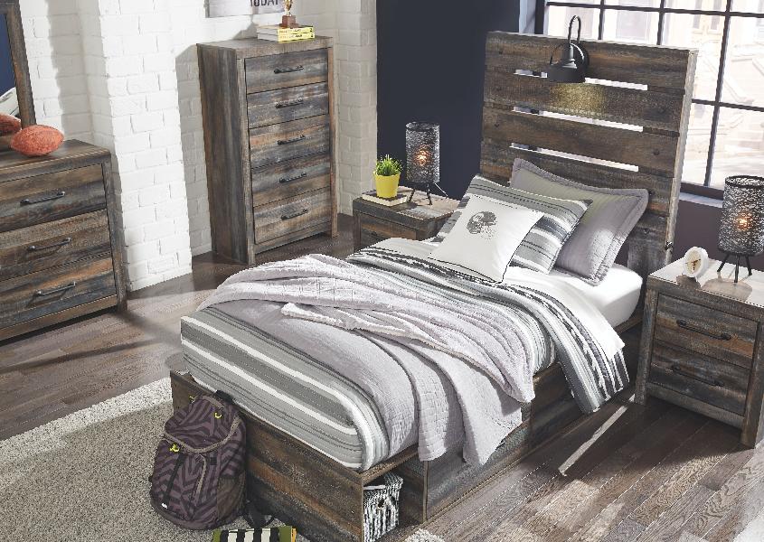 Image of Drystan - 9 Pc. - Dresser, Mirror, Chest, Twin Panel Bed with 2 Side Drawers, 2 Nightstands - Brown / Beige