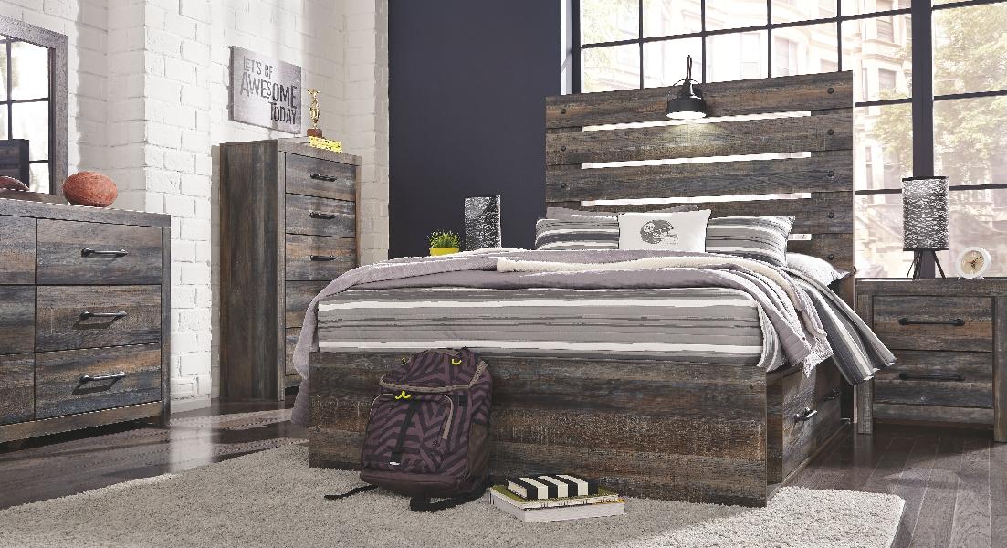 Image of Drystan - 10 Pc. - Dresser, Mirror, Chest, Full Panel Bed with 4 Side Drawers, 2 Nightstands - Brown / Beige