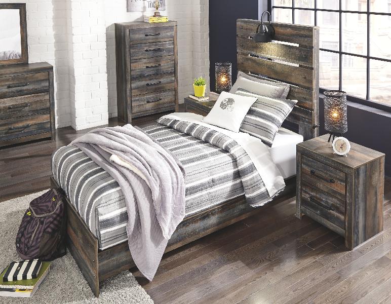 Image of Drystan - 7 Pc. - Dresser, Mirror, Twin Panel Bed, 2 Nightstands - Brown / Beige