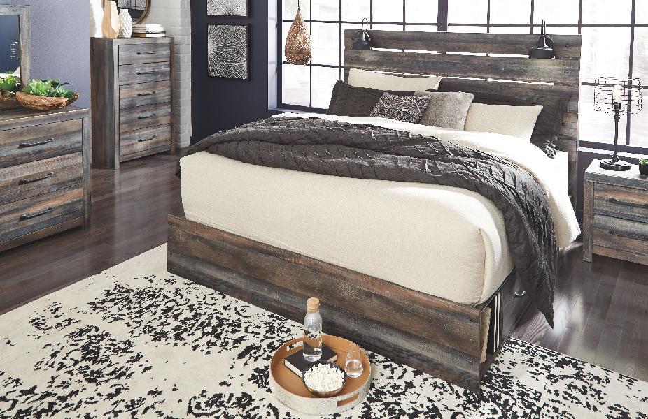 Image of Drystan - 9 Pc. - Dresser, Mirror, Chest, King Panel Bed with 2 Side Drawers, 2 Nightstands - Brown / Beige