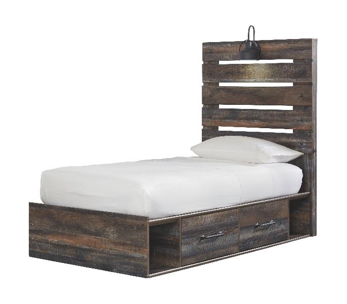 Image of Drystan - Twin Panel Bed with 2 Side Drawers - Brown / Beige