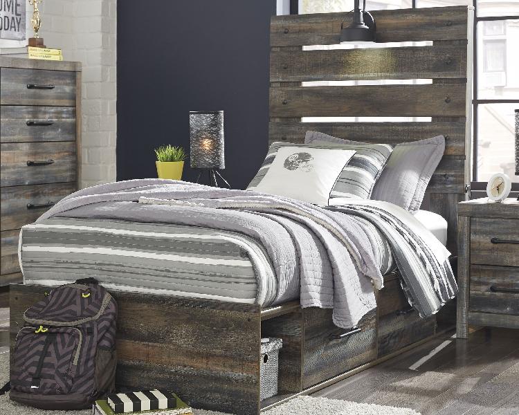 Image of Drystan - Twin Panel Bed with 4 Side Drawers - Brown / Beige