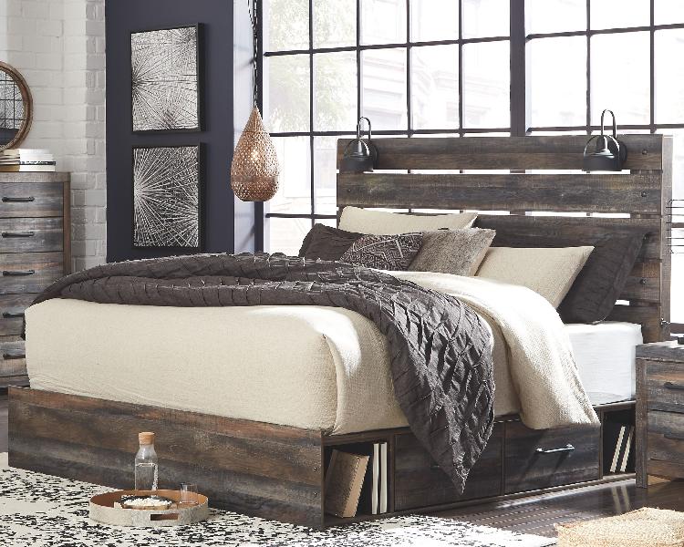 Image of Drystan - King Panel Bed with 4 Side Drawers - Brown / Beige