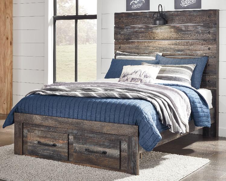 Image of Drystan - Full Panel Bed with 2 Storage Drawers - Brown / Beige