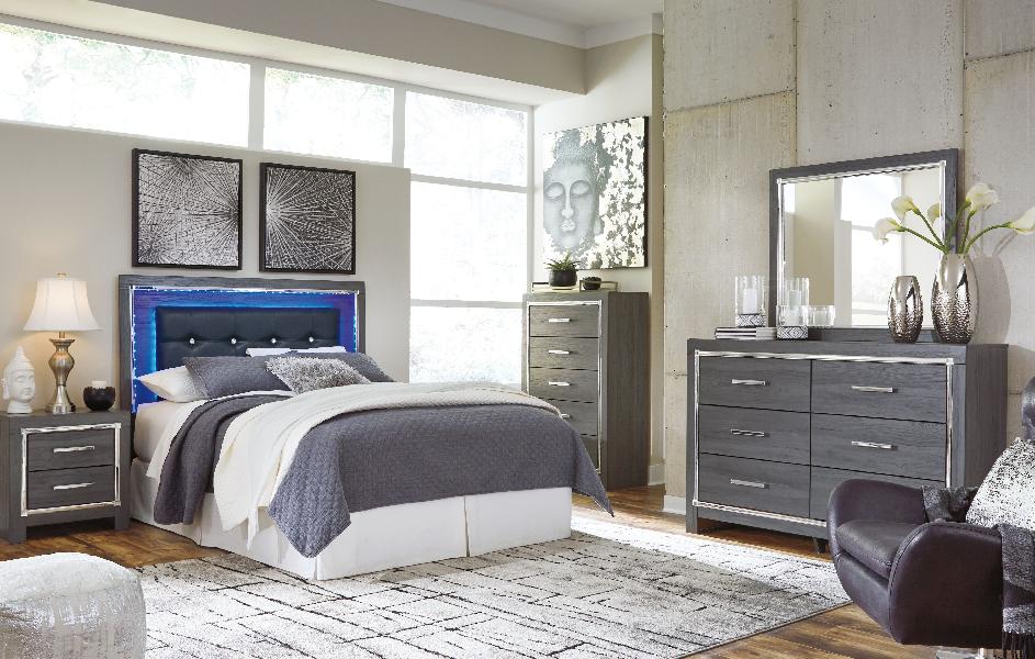 Image of Lodanna - 5 Pc. - Dresser, Mirror, Queen Upholstered Panel Headboard with Bolt on Bed Frame, Nightstand - Gray