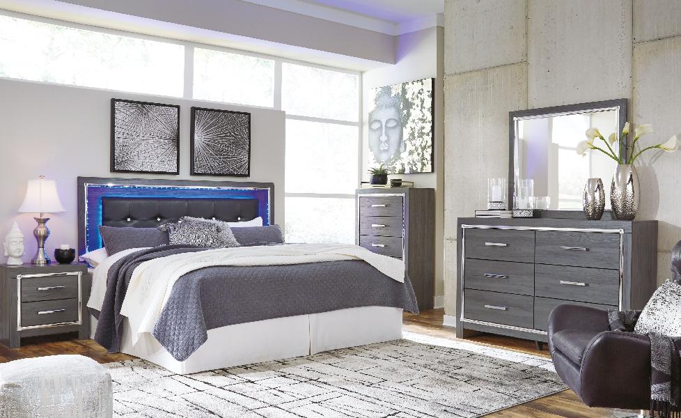 Image of Lodanna - 5 Pc. - Dresser, Mirror, King Upholstered Panel Headboard with Bolt on Bed Frame, Nightstand - Gray