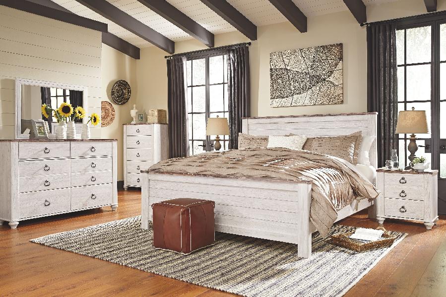 Image of Willowton - 5 Pc. - Dresser, Mirror, King Panel Bed - Whitewash