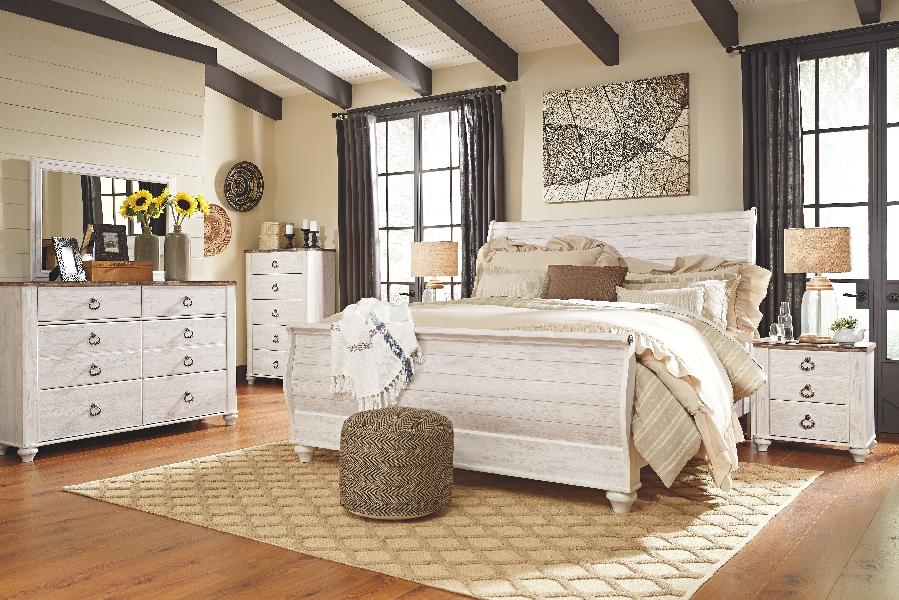 Image of Willowton - 5 Pc. - Dresser, Mirror, King Sleigh Bed - Whitewash