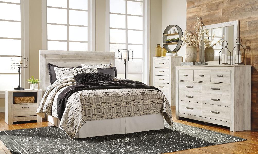 Image of Bellaby - 7 Pc. - Dresser, Mirror, Chest, King Panel Headboard with Bolt on Bed Frame, 2 Nightstands - Whitewash