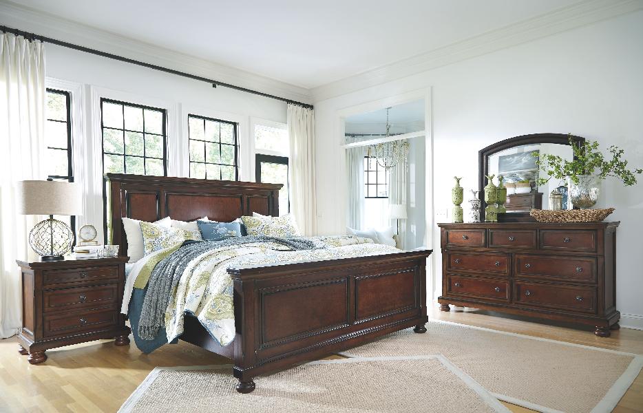 Image of Porter - 6 Pc. - Dresser, Mirror, King Panel Bed, Nightstand - Rustic Brown