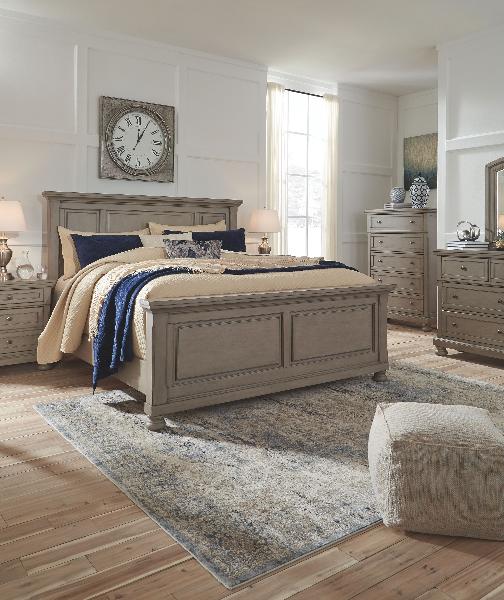 Image of Lettner - 5 Pc. - Dresser, Mirror, King Panel Bed - Light Gray