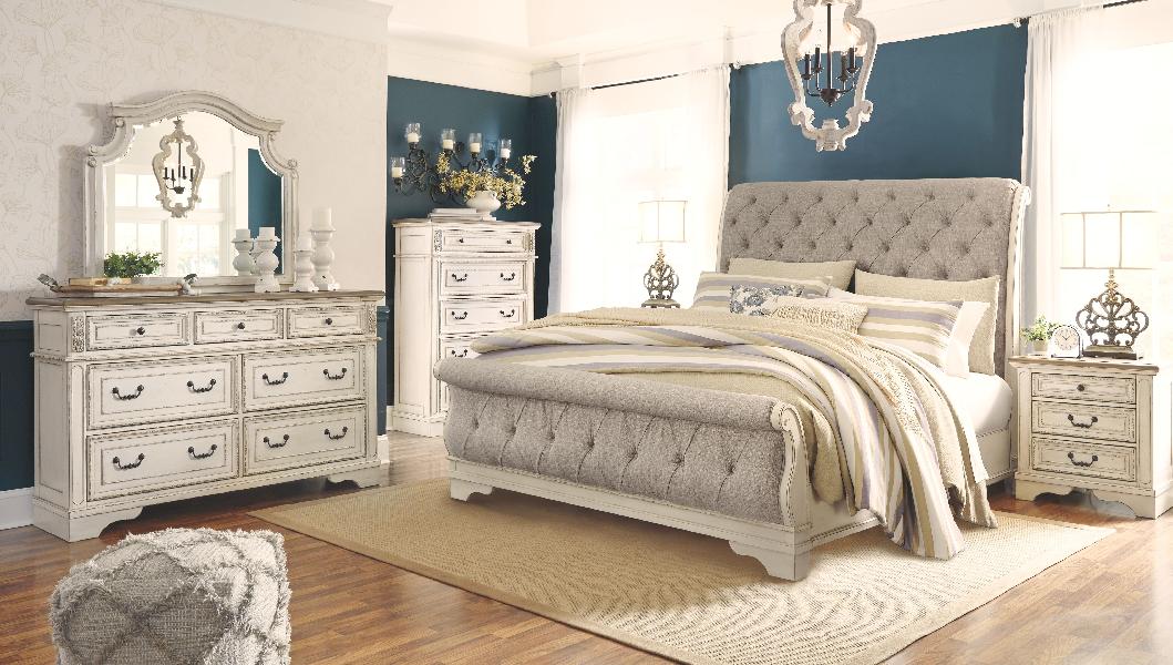 Image of Realyn - 5 Pc. - Dresser, Mirror, Queen Upholstered Sleigh Bed - Two-tone