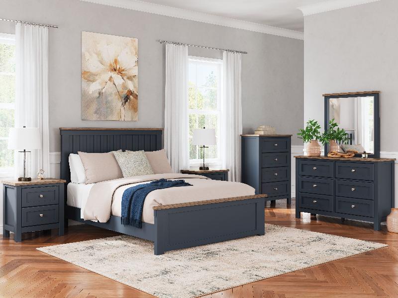 Image of Landocken - 8 Pc. - Dresser, Mirror, Chest, Queen Panel Bed, 2 Nightstands - Brown / Blue
