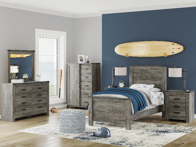 Image of Frandern - 6 Pc. - Dresser, Mirror, Dressing Chest, Twin Panel Bed - Black / Gray