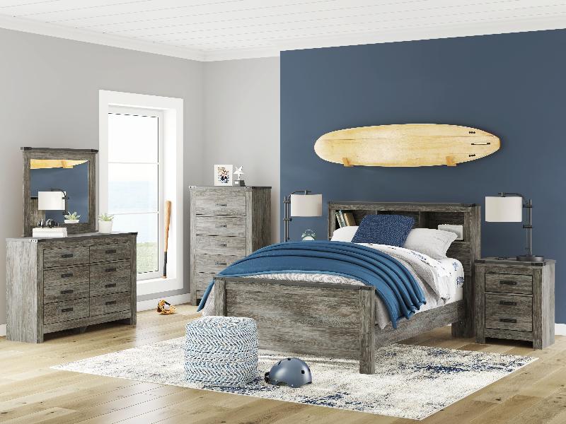 Image of Frandern - 6 Pc. - Dresser, Mirror, Chest, Full Bookcase Panel Bed - Gray
