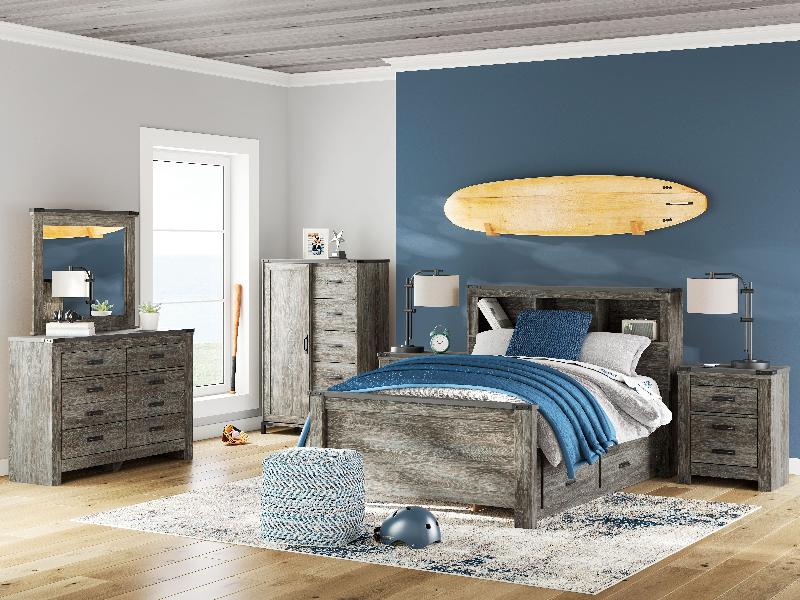 Image of Frandern - 7 Pc. - Dresser, Mirror, Dressing Chest, Full Bookcase Panel Bed With Storage - Gray