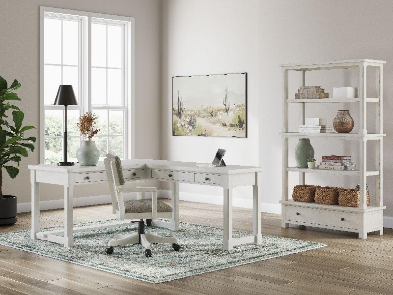 Image of Robbinsdale - 4 Pc. - L-Shaped Home Office Desk, Home Office Desk Chair, Bookcase - Antique White