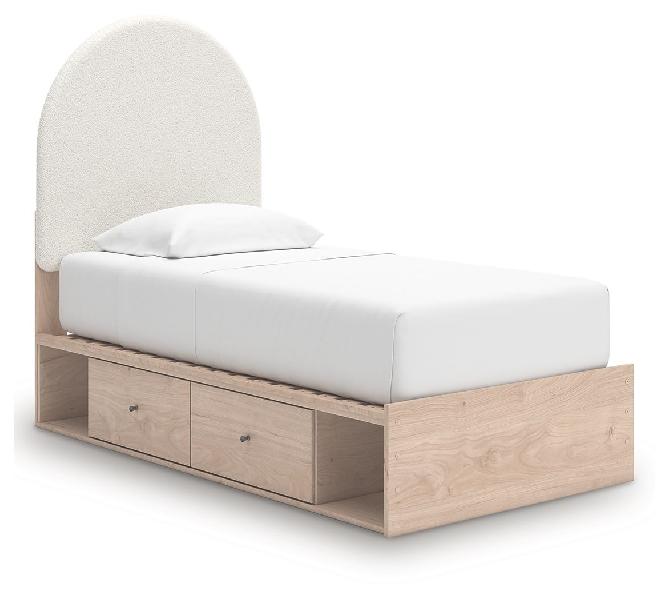 Image of Arloster - Twin Upholstered Panel Bed With 2 Under Bed Storage Units - Tan / White