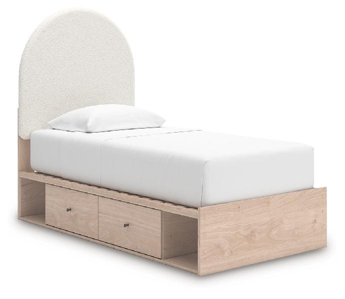 Image of Arloster - Twin Upholstered Panel Bed With Side Storage Unit - Tan / White