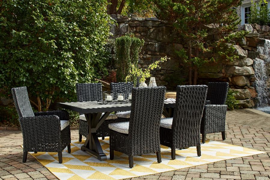 Image of Beachcroft - 7 Pc. - Outdoor Dining Table, 4 Side Chairs, 2 Arm Chairs - Black / Light Gray