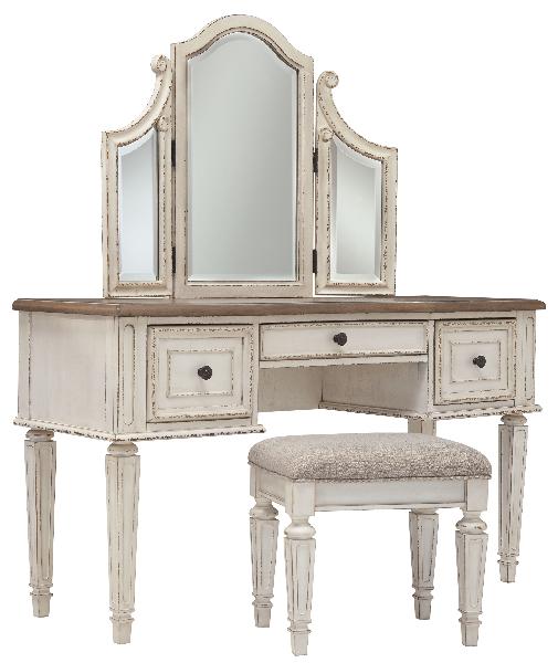 Image of Realyn - Vanity/Mirror/Stool (Set of 3) - White / Brown / Beige