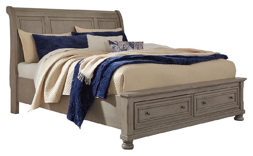 Image of Lettner - King Sleigh Bed With 2 Storage Drawers - Light Gray