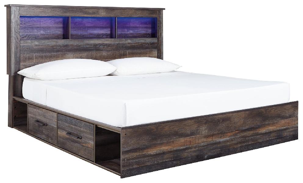 Image of Drystan - King Bookcase Bed With 2 Side Drawers - Brown / Beige