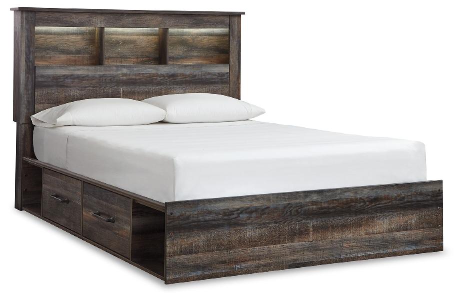Image of Drystan - Queen Bookcase Bed With 2 Side Drawers - Brown / Beige