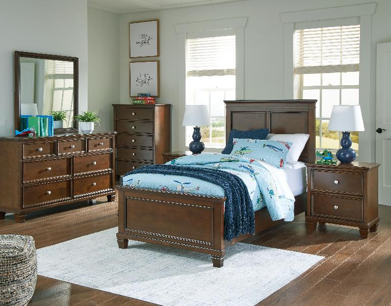 Image of Danabrin - 7 Pc. - Dresser, Mirror, Twin Panel Bed, 2 Nightstands - Brown