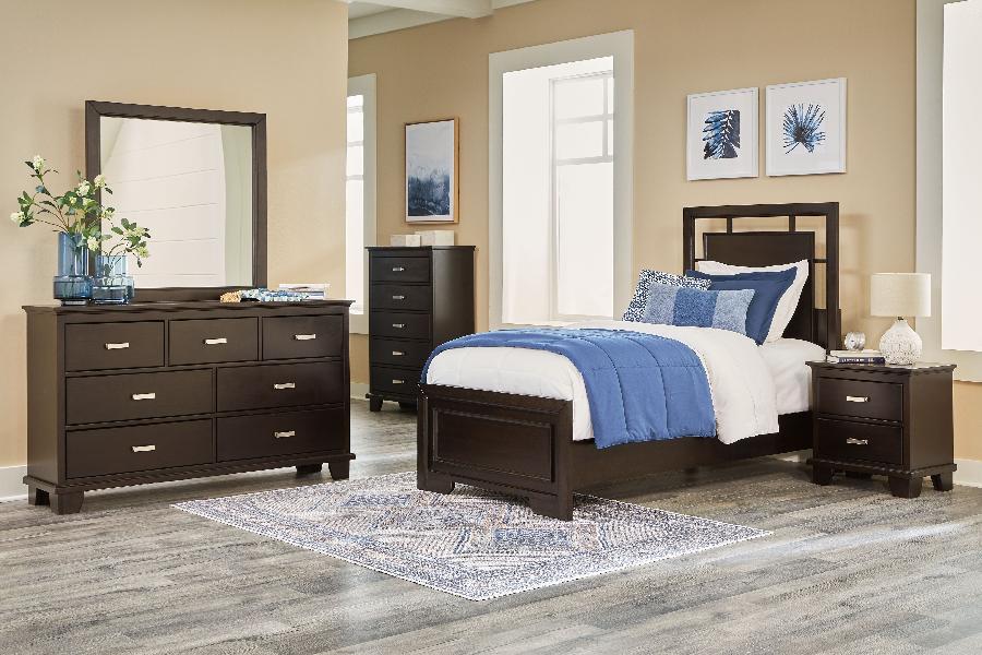 Image of Covetown - 6 Pc. - Dresser, Mirror, Twin Panel Bed, 2 Nightstands - Dark Brown