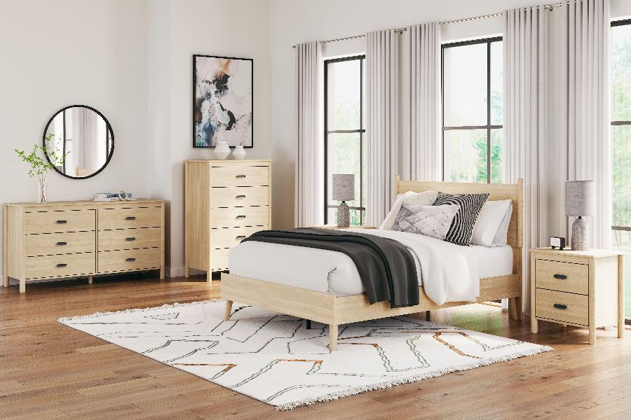 Image of Cabinella - 6 Pc. - Dresser, Chest, Full Platform Panel Bed, 2 Nightstands - Tan