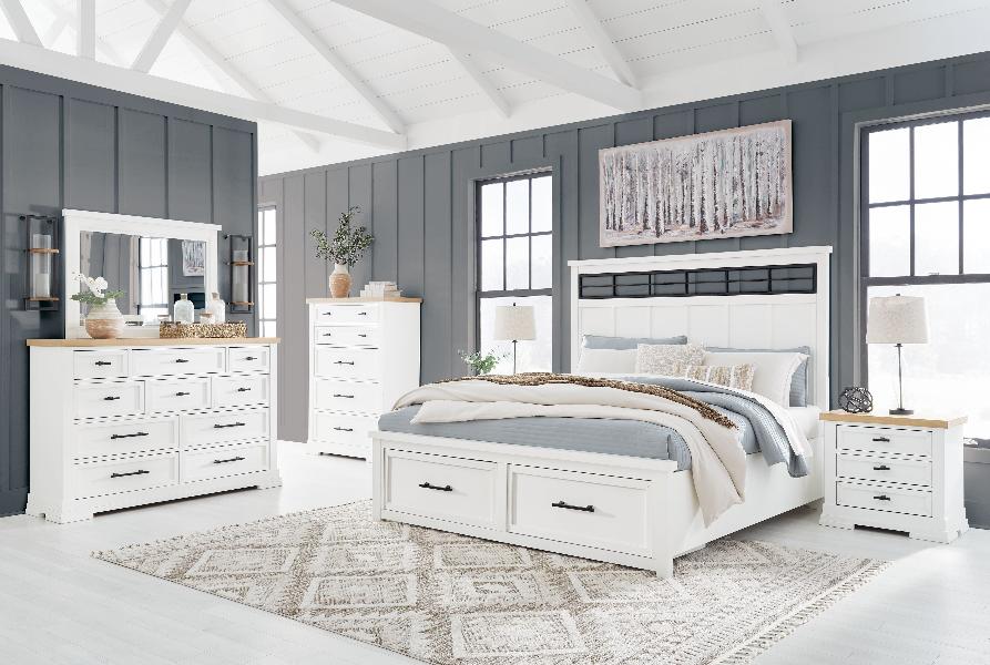 Image of Ashbryn - 6 Pc. - Dresser, Mirror, Chest, King Panel Storage Bed - White / Natural