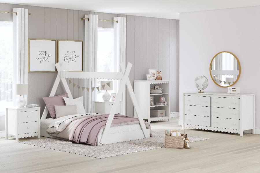 Image of Hallityn - 5 Pc. - Bookcase, Dresser, Full Tent Complete Bed, 2 Nightstands - White