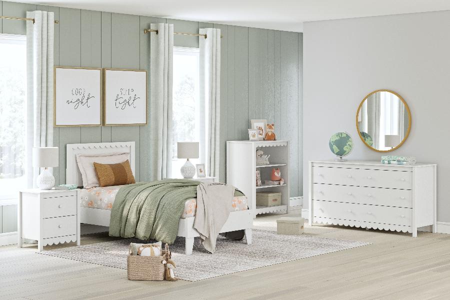Image of Hallityn - 6 Pc. - Bookcase, Dresser, Twin Panel Platform Bed, 2 Nightstands - White
